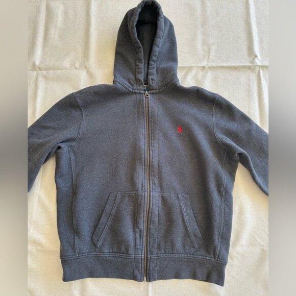 Vintage Polo Ralph Lauren Zip Up Hoodie Gray Waffle Jacket Size XL Red Pony Logo - Picture 2 of 10